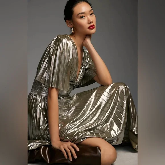 Anthropologie Short-Sleeve Metallic Cutout Midi Dress Holiday Party Pleated 1X - Picture 2 of 8